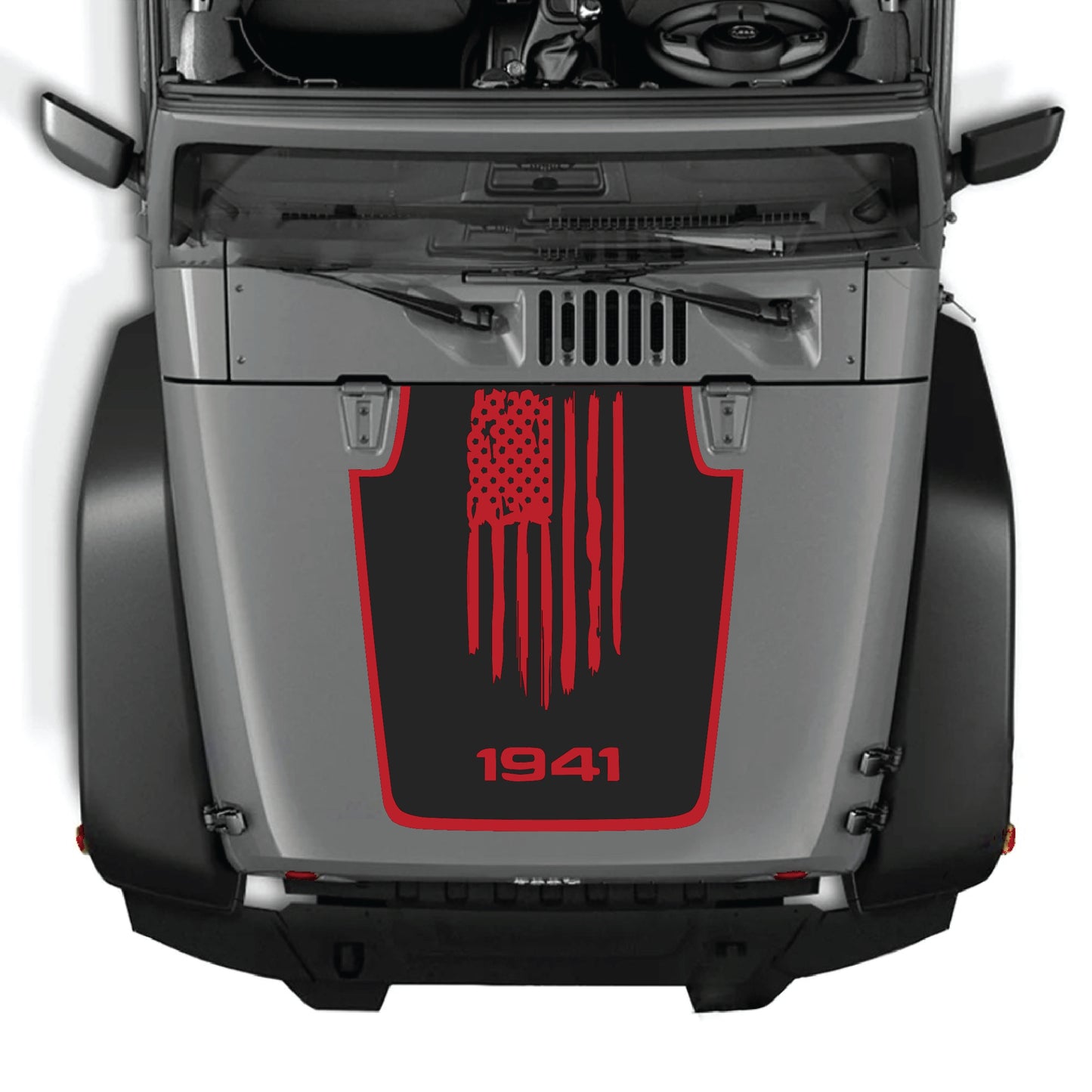 CarCode America Flag 1941 hood decal for Jeep Wrangler JK JKU 2007-2018, featuring premium vinyl vinyl with border graphic kit.