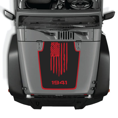CarCode America Flag 1941 hood decal for Jeep Wrangler JK JKU 2007-2018, featuring premium vinyl vinyl with border graphic kit.