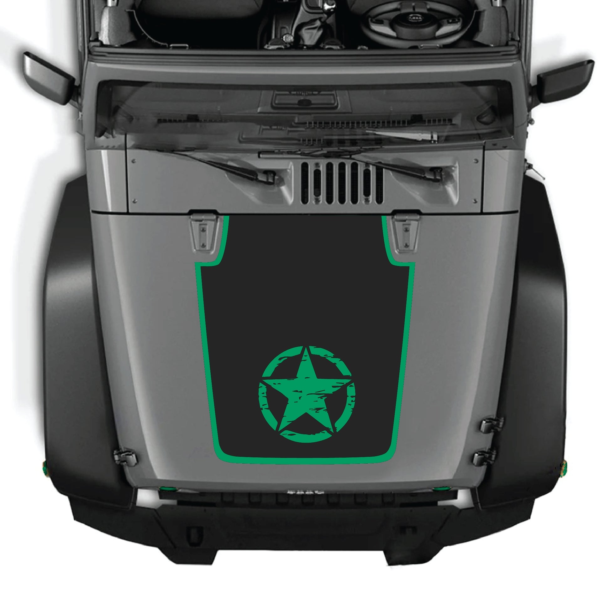 Jeep Wrangler JK hood decal by CarCode featuring a center star with border graphic, made of premium vinyl for stylish customization.