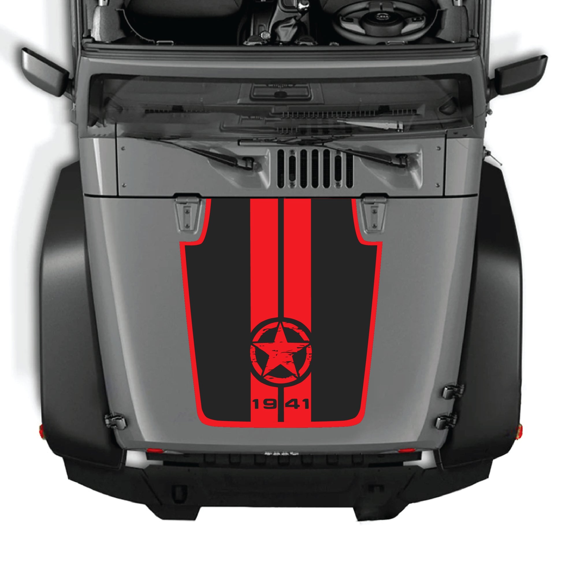 Jeep Wrangler JK hood decal featuring 1941 star and stripes design with border, made of premium vinyl by CarCode.