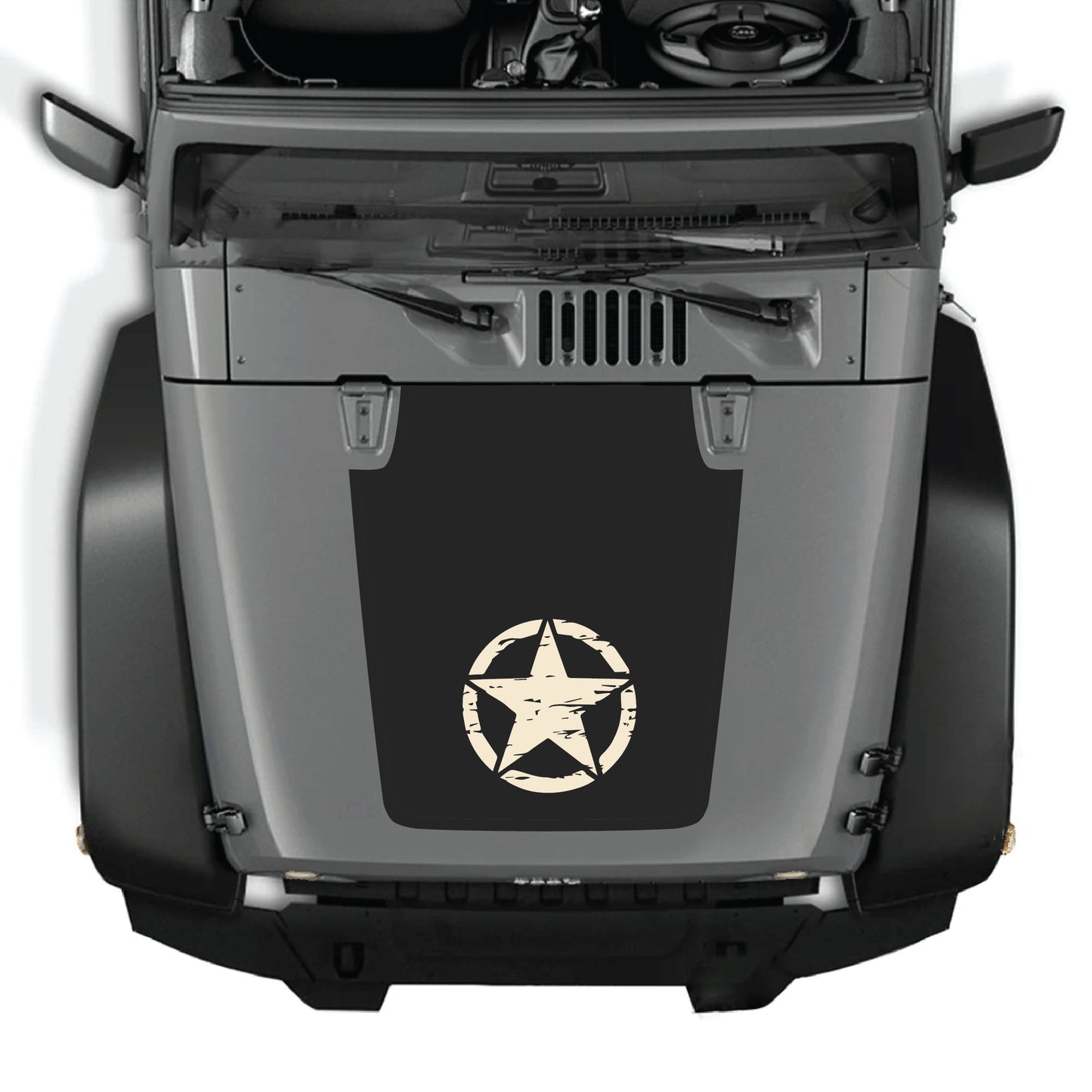 Jeep Wrangler JK JKU hood decal with a center star graphic from CarCode, made of premium vinyl for a bold, custom look.