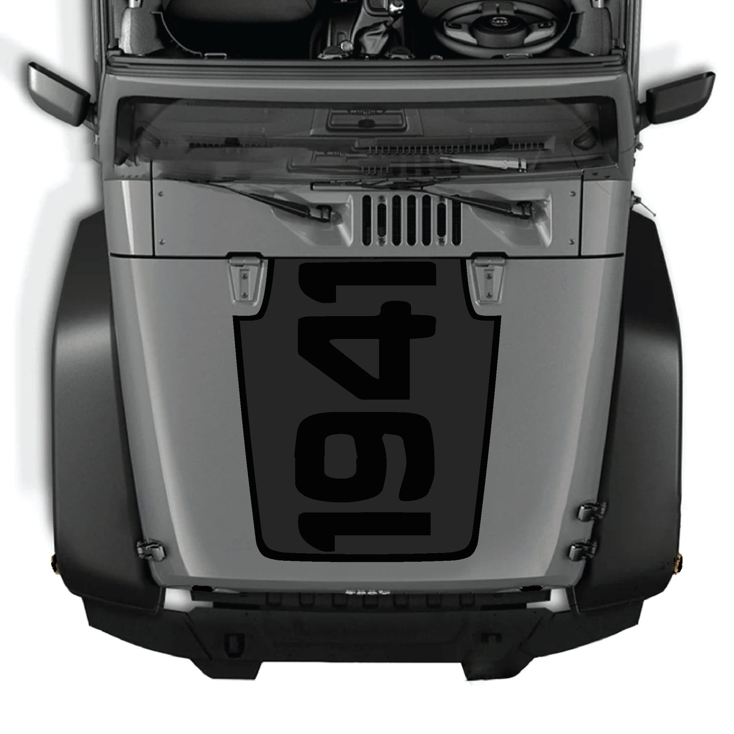 Jeep Wrangler JK JKU hood decal with 1941 border graphic kit in premium vinyl, featuring bold black and white design.