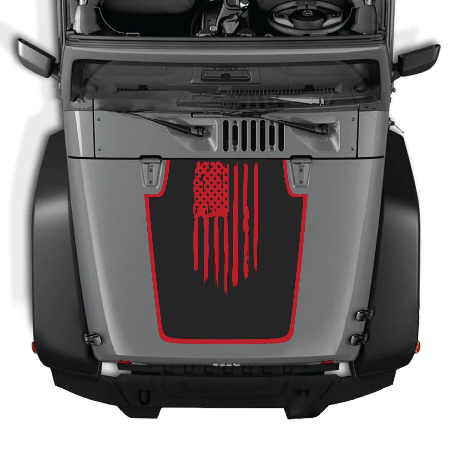 CarCode Jeep Wrangler hood decal featuring a bold American flag with border, made of premium vinyl for JK JKU 2007-2018.