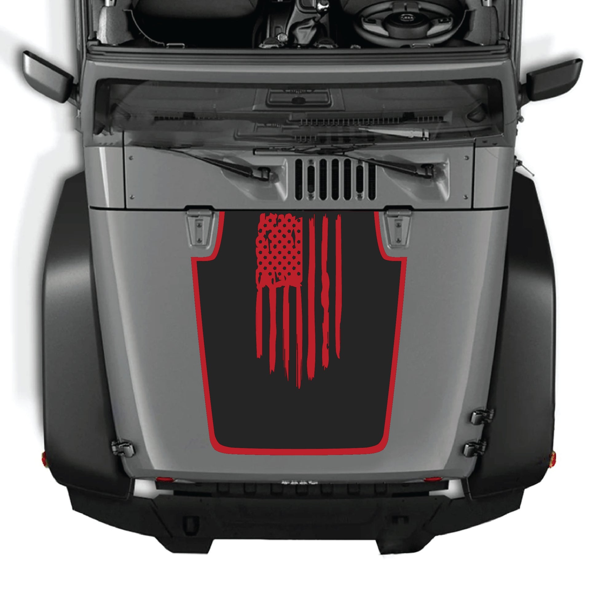 CarCode Jeep Wrangler hood decal featuring a bold American flag with border, made of premium vinyl for JK JKU 2007-2018.