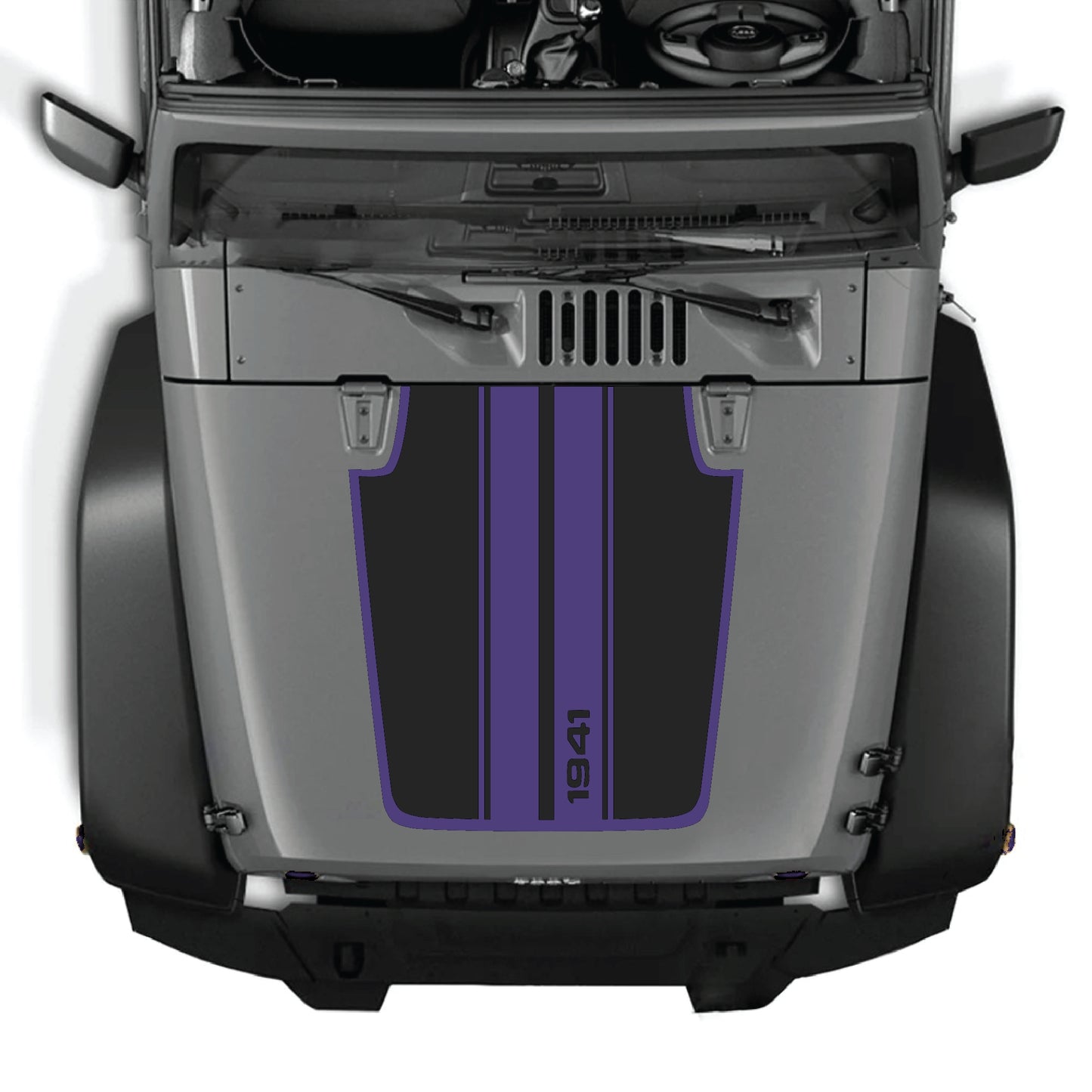 Jeep Wrangler JK hood decal featuring 1941 stripes with border graphic in black and white vinyl, designed for CarCode decal kit.