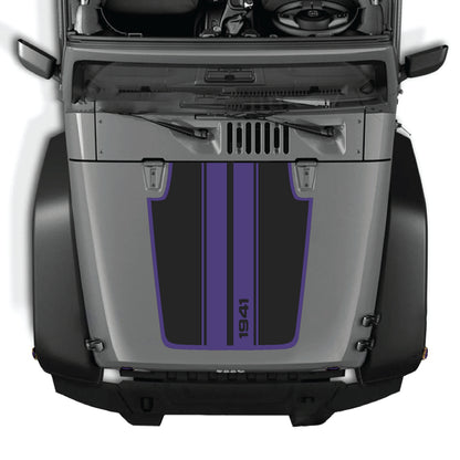 Jeep Wrangler JK hood decal featuring 1941 stripes with border graphic in black and white vinyl, designed for CarCode decal kit.