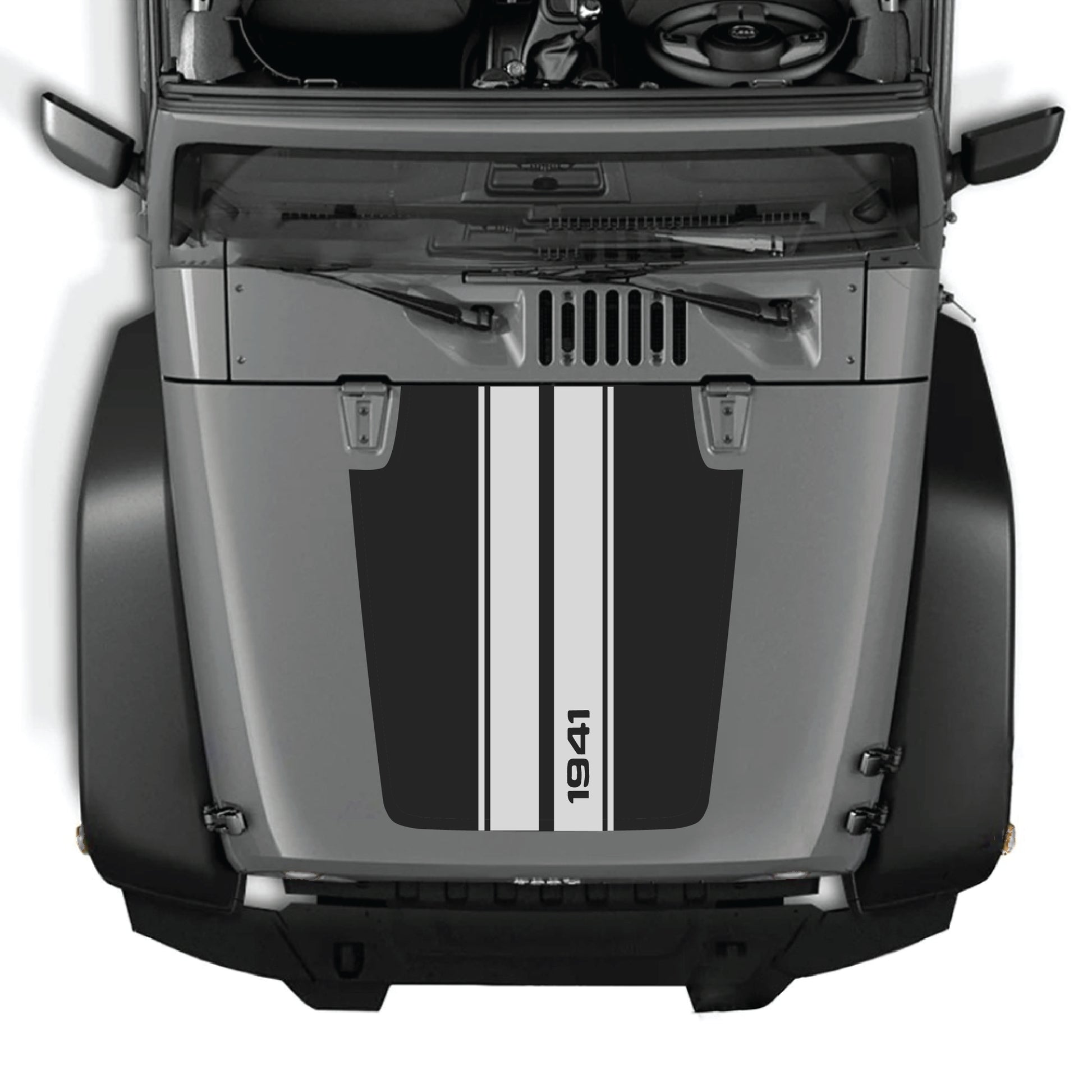Jeep Wrangler JK hood decal with 1941 stripes graphic kit in black and white premium vinyl, designed for 2007-2018 models.