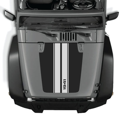 Jeep Wrangler JK hood decal with 1941 stripes graphic kit in black and white premium vinyl, designed for 2007-2018 models.