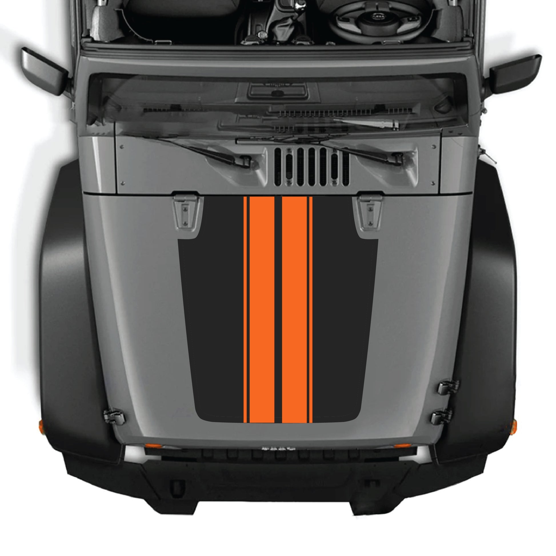 Jeep Wrangler JK JKU hood decal with black and white stripe graphic kit by CarCode, made of premium vinyl, applied to vehicle hood.