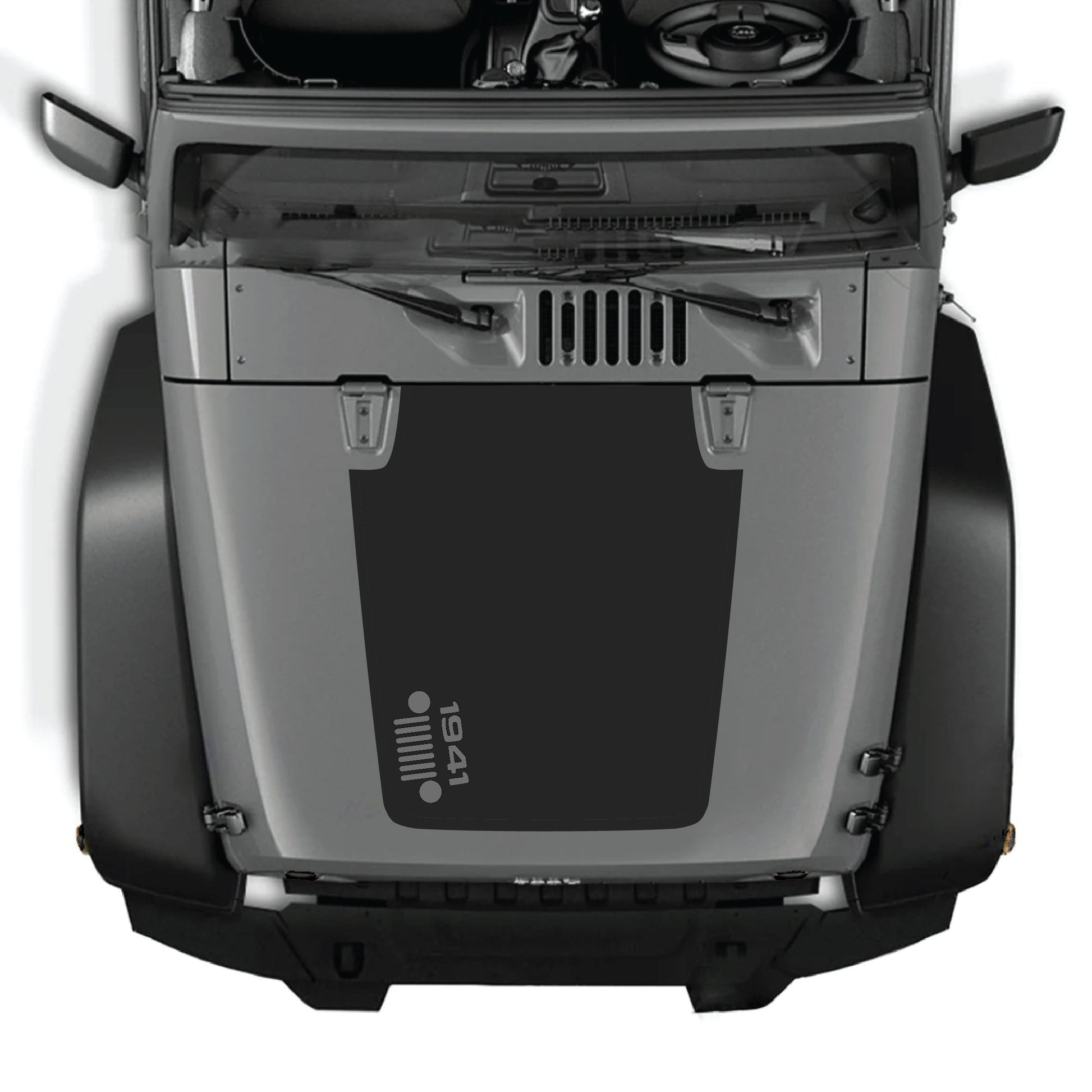 Left side Jeep Wrangler JK hood decal featuring 1941 grill graphic, made from premium vinyl for Jeep JK JKU 2007-2018.