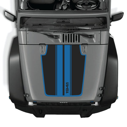 CarCode hood decal with 1941 stripes and border graphic kit on a Jeep Wrangler JK JKU, made of premium vinyl.