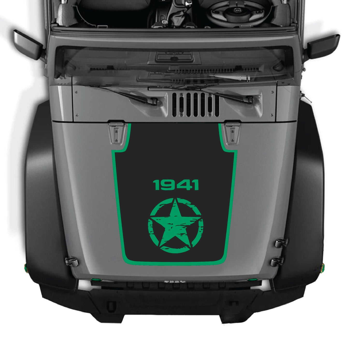 Jeep Wrangler JK JKU hood decal with a center star and border graphic in black premium vinyl by CarCode, designed for 2007-2018 models.