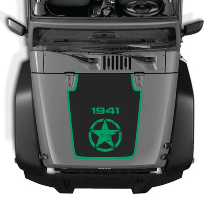 Jeep Wrangler JK JKU hood decal with a center star and border graphic in black premium vinyl by CarCode, designed for 2007-2018 models.