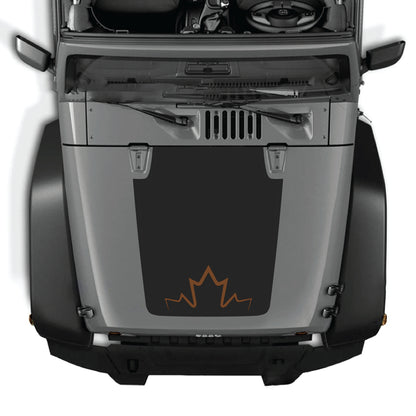 CarCode Canada hood decal graphic kit on Jeep Wrangler JK JKU 2007-2018, premium vinyl hood panel sticker with bold Canadian maple leaf design.