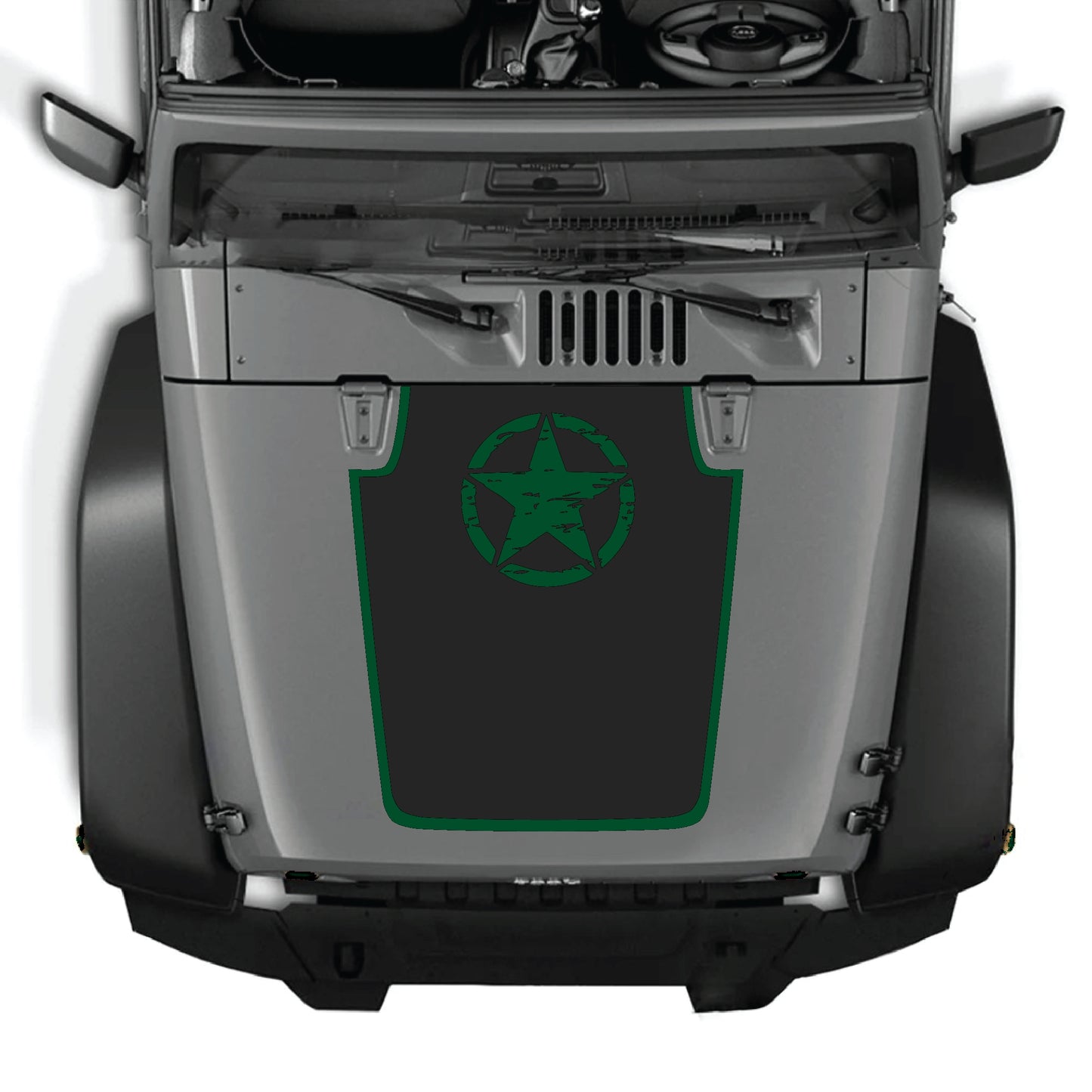 Jeep Wrangler JK JKU hood decal featuring a top star with border graphic, made from premium vinyl by CarCode.
