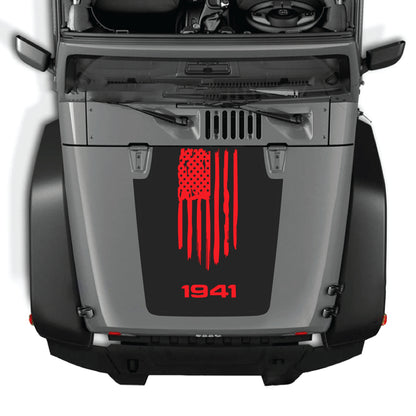 Jeep Wrangler with CarCode American flag hood decal, 1941 graphic kit, premium vinyl sticker on black hood, vehicle customization detail.