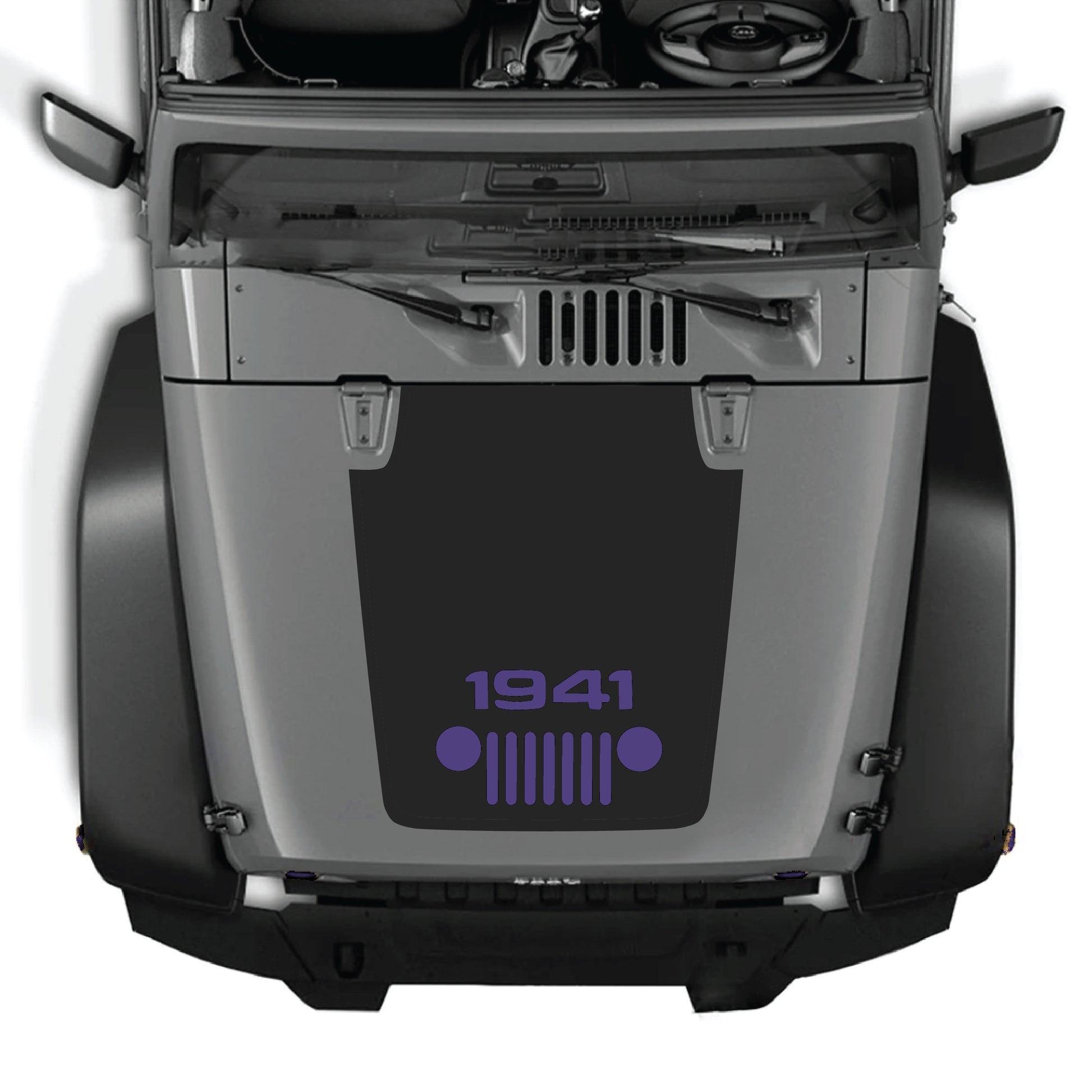 Jeep Wrangler JK hood decal featuring a 1941 grill graphic in black premium vinyl by CarCode, designed for 2007-2018 models.
