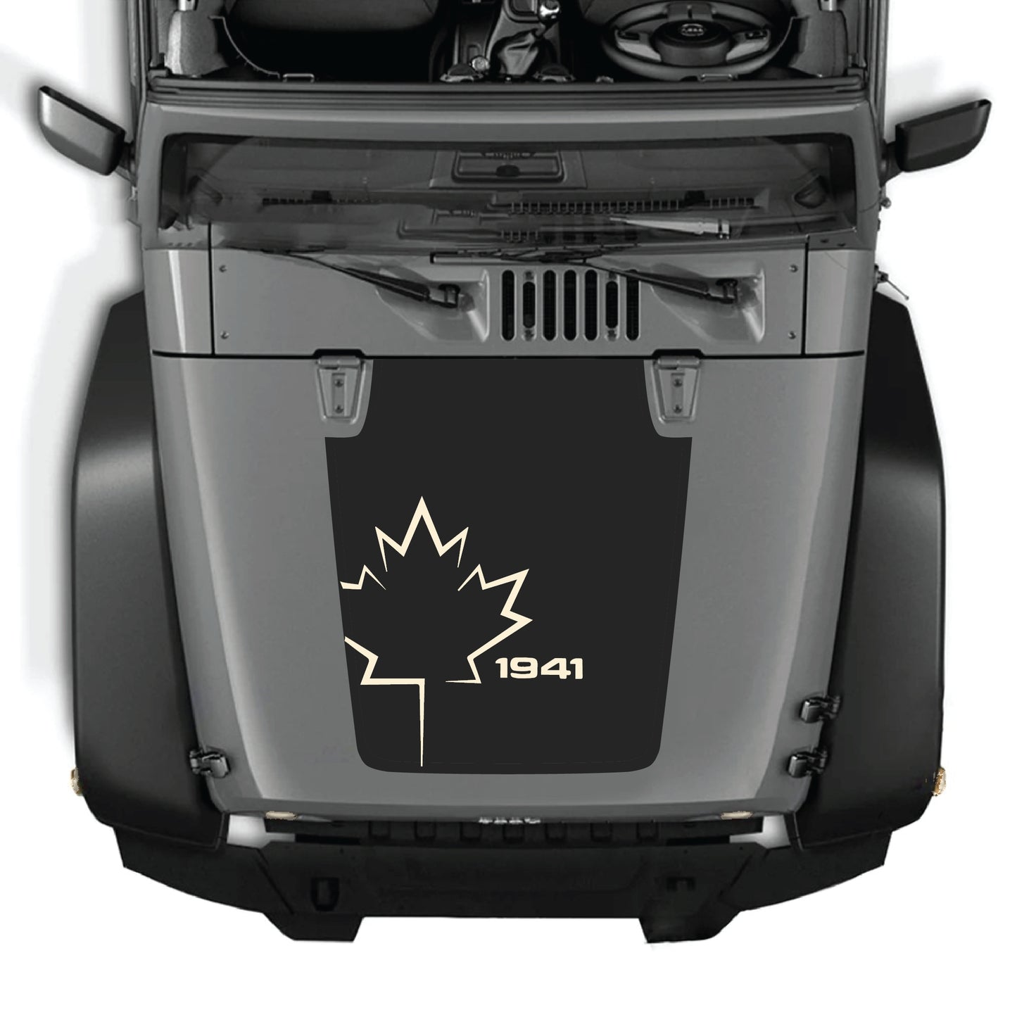 Canada leaf hood decal for Jeep Wrangler JK JKU 2007-2018, CarCode premium vinyl sticker with 1941 graphic design.