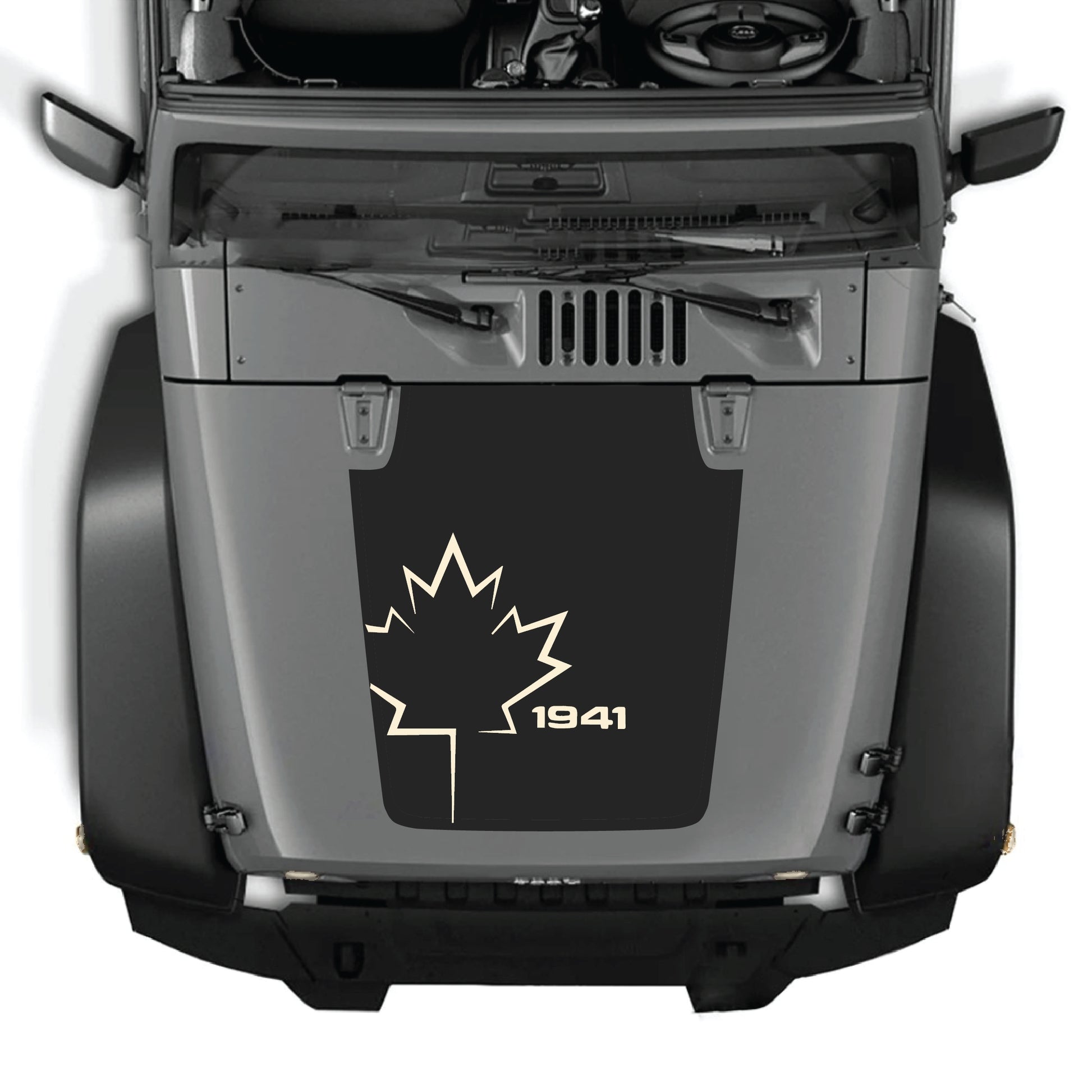 Canada leaf hood decal for Jeep Wrangler JK JKU 2007-2018, CarCode premium vinyl sticker with 1941 graphic design.