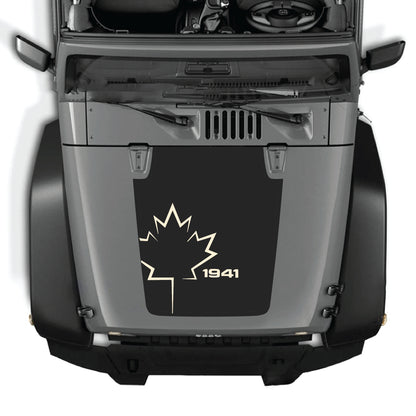 Canada leaf hood decal for Jeep Wrangler JK JKU 2007-2018, CarCode premium vinyl sticker with 1941 graphic design.