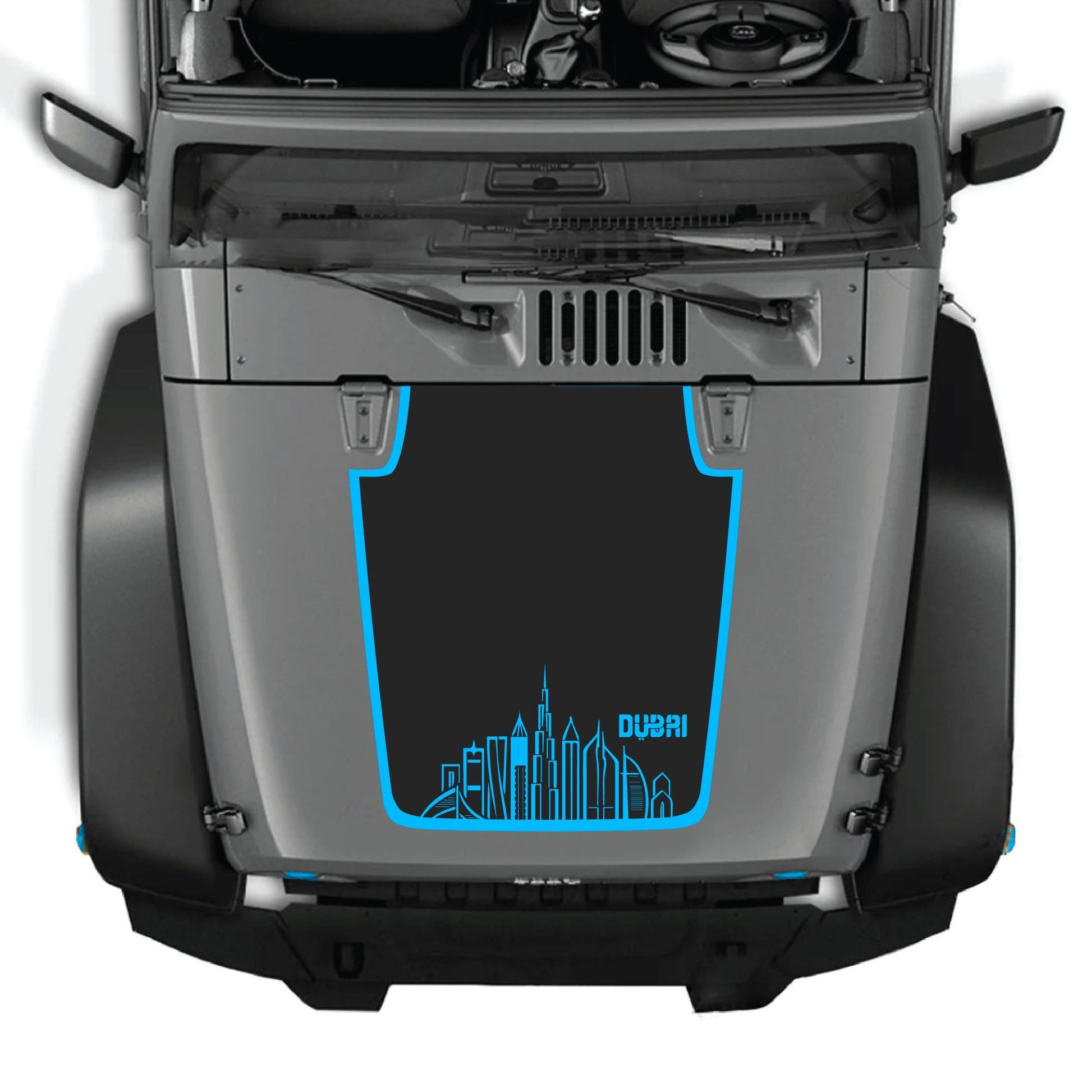 Dubai hood panel decal for Jeep Wrangler JK and JKU, featuring border graphic kit in premium vinyl by CarCode.