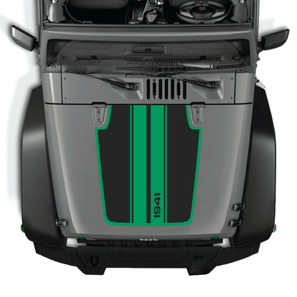 Jeep Wrangler JK hood decal with 1941 stripes and border graphic, premium vinyl CarCode decal kit for 2007-2018 models.