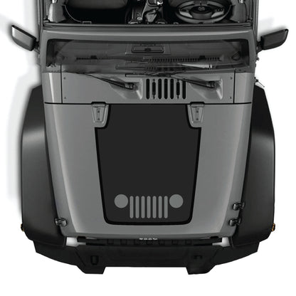 Jeep Wrangler JK adhesivo para capó de CarCode, kit gráfico premium de vinilo para parrilla con diseño audaz en negro y blanco sobre el capó.