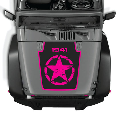 Jeep Wrangler JK JKU hood decal featuring a full star 1941 with border, made of premium vinyl by CarCode.
