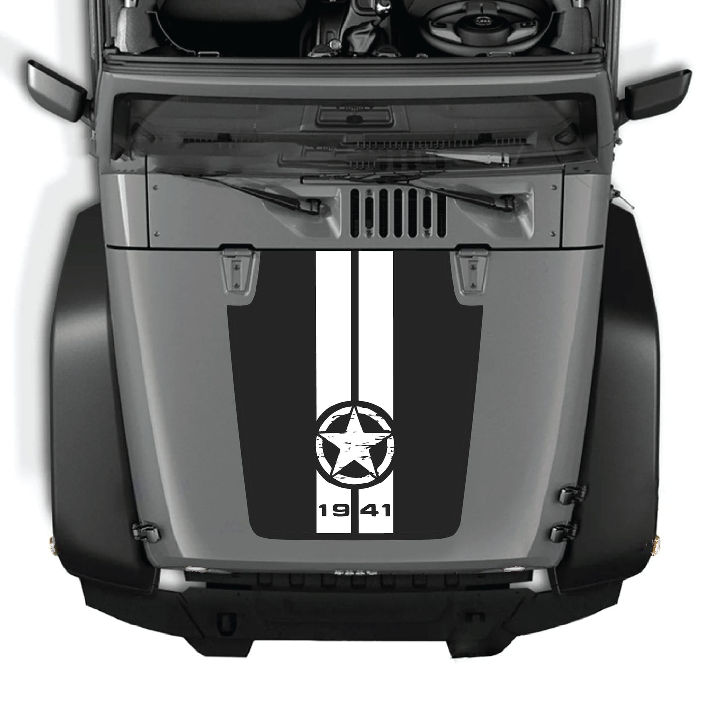 Jeep Wrangler JK hood decal featuring a 1941 star and stripes graphic in premium vinyl, designed for 2007-2018 models.