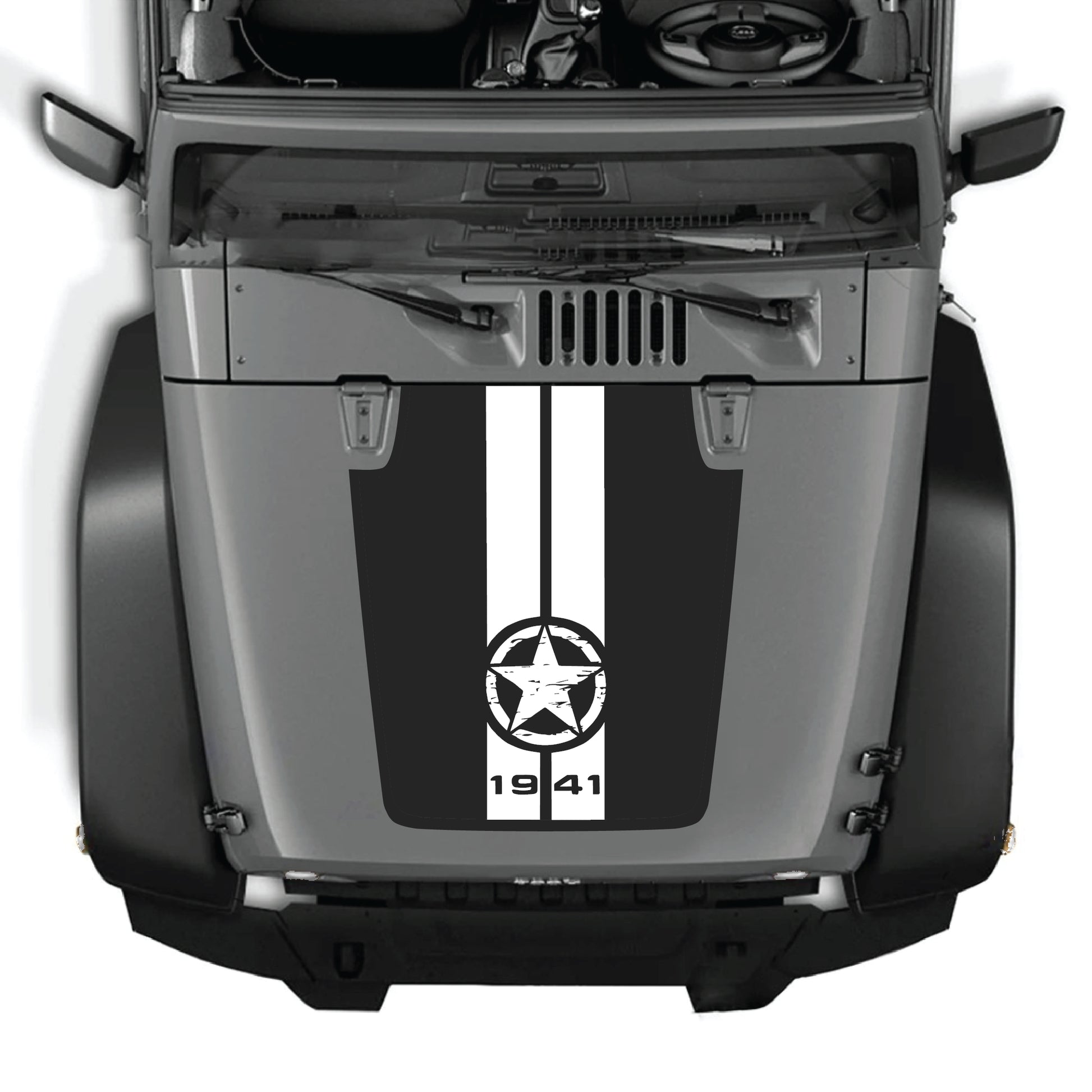 Jeep Wrangler JK hood decal featuring a 1941 star and stripes graphic in premium vinyl, designed for 2007-2018 models.