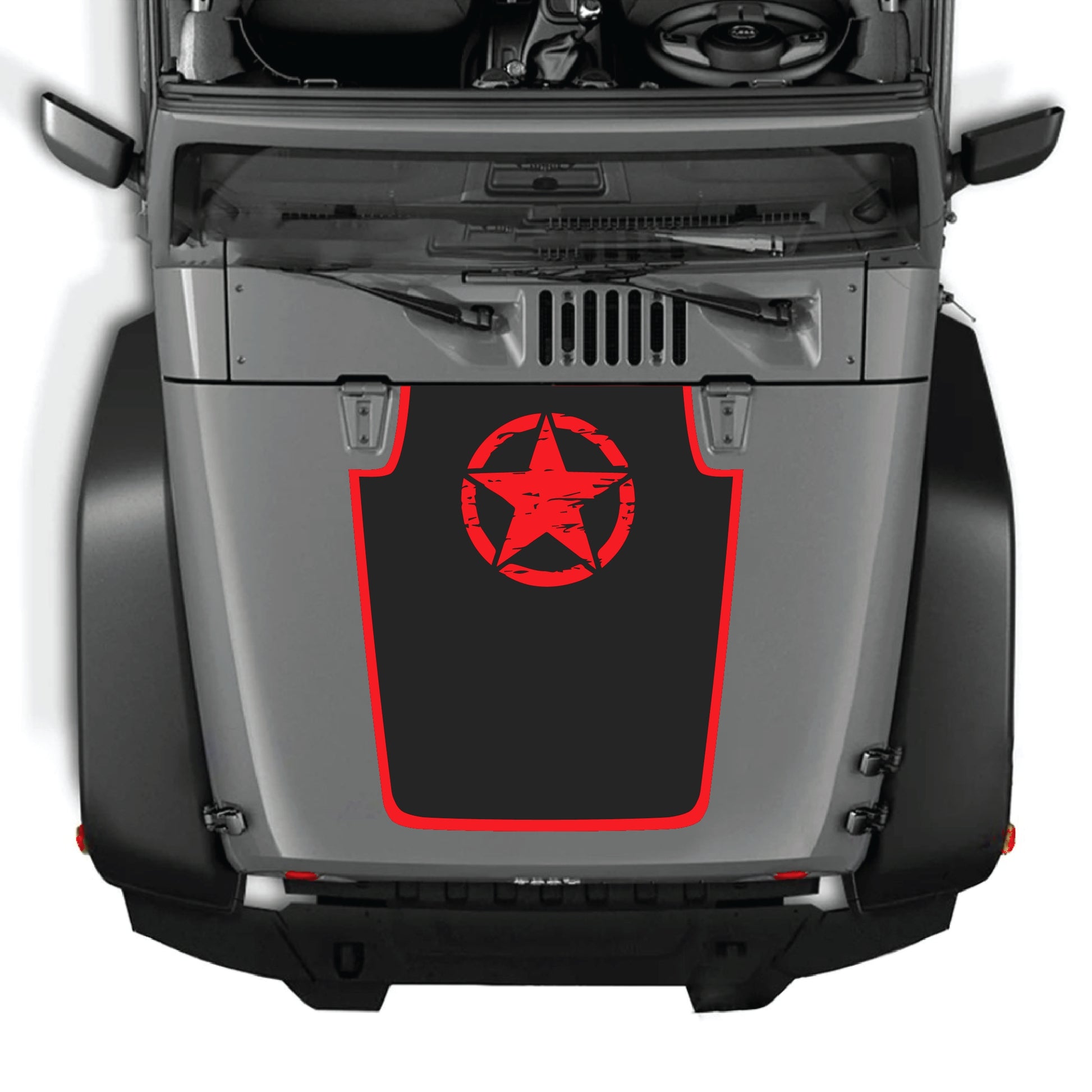 Jeep Wrangler JK JKU hood decal featuring a top star with border graphic in premium vinyl by CarCode.