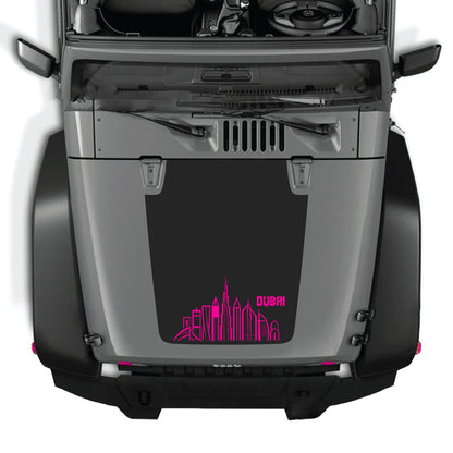 Jeep Wrangler JK JKU hood with Dubai decal graphic kit by CarCode, featuring bold vinyl sticker design on the vehicle's hood.