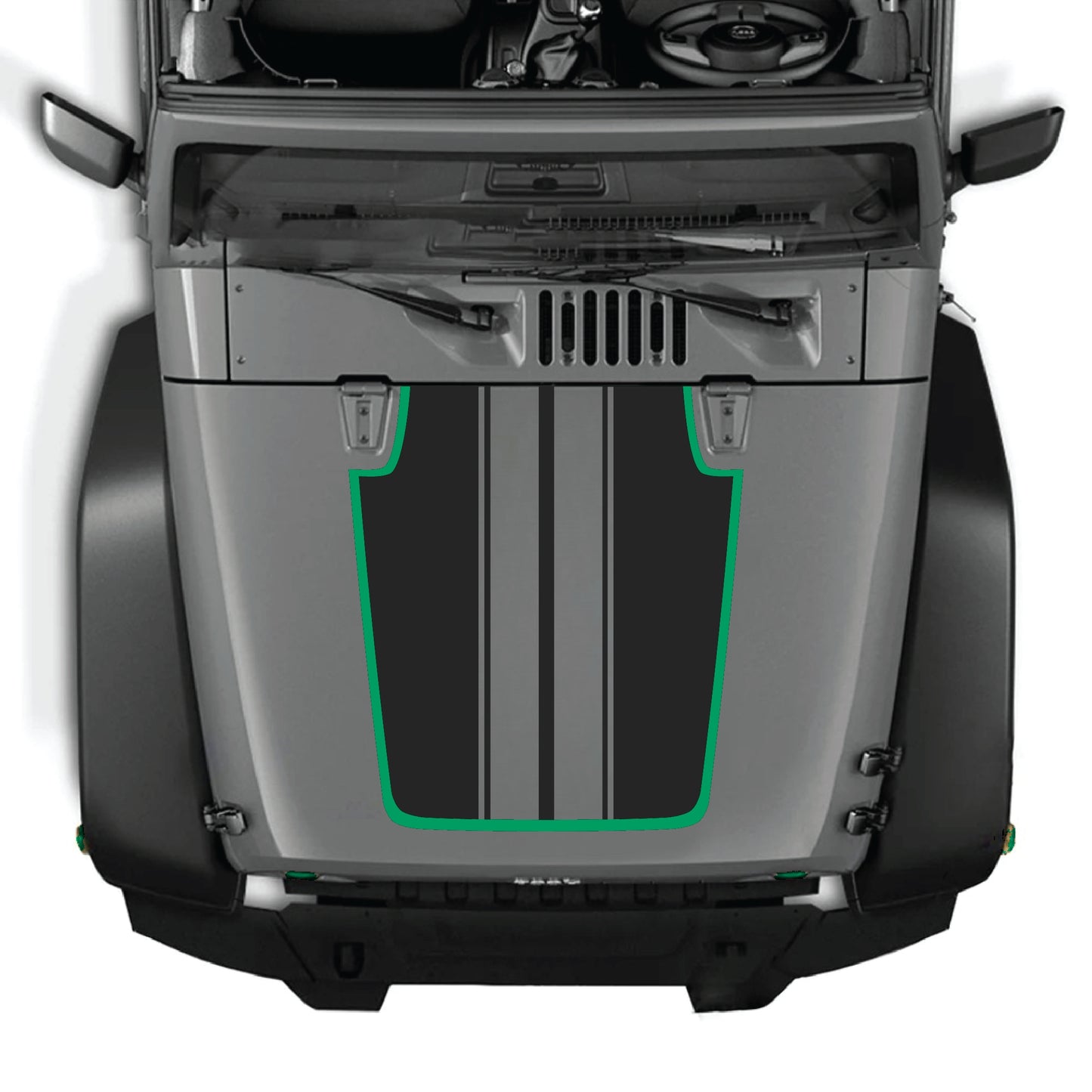 alt
Calcomanía para capó CarCode Jeep Wrangler JK JKU con gráfico de franjas negras y blancas, hecha de vinilo premium, diseñada para modelos 2007-2018.