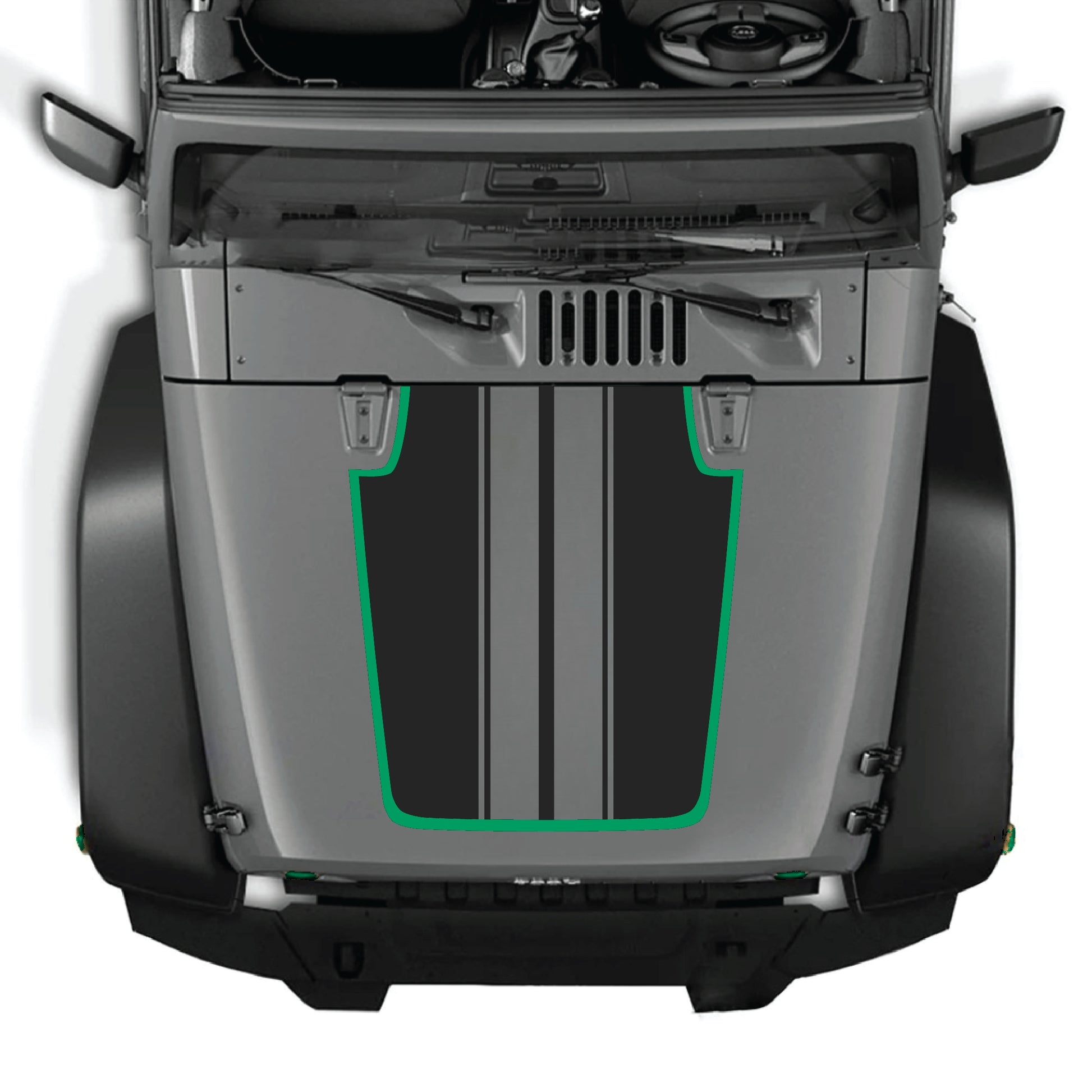 alt
Calcomanía para capó CarCode Jeep Wrangler JK JKU con gráfico de franjas negras y blancas, hecha de vinilo premium, diseñada para modelos 2007-2018.