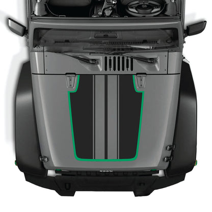 alt
Calcomanía para capó CarCode Jeep Wrangler JK JKU con gráfico de franjas negras y blancas, hecha de vinilo premium, diseñada para modelos 2007-2018.