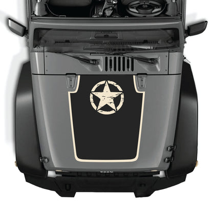 Jeep Wrangler JK JKU hood decal featuring a top star with border graphic in black and white vinyl, by CarCode.