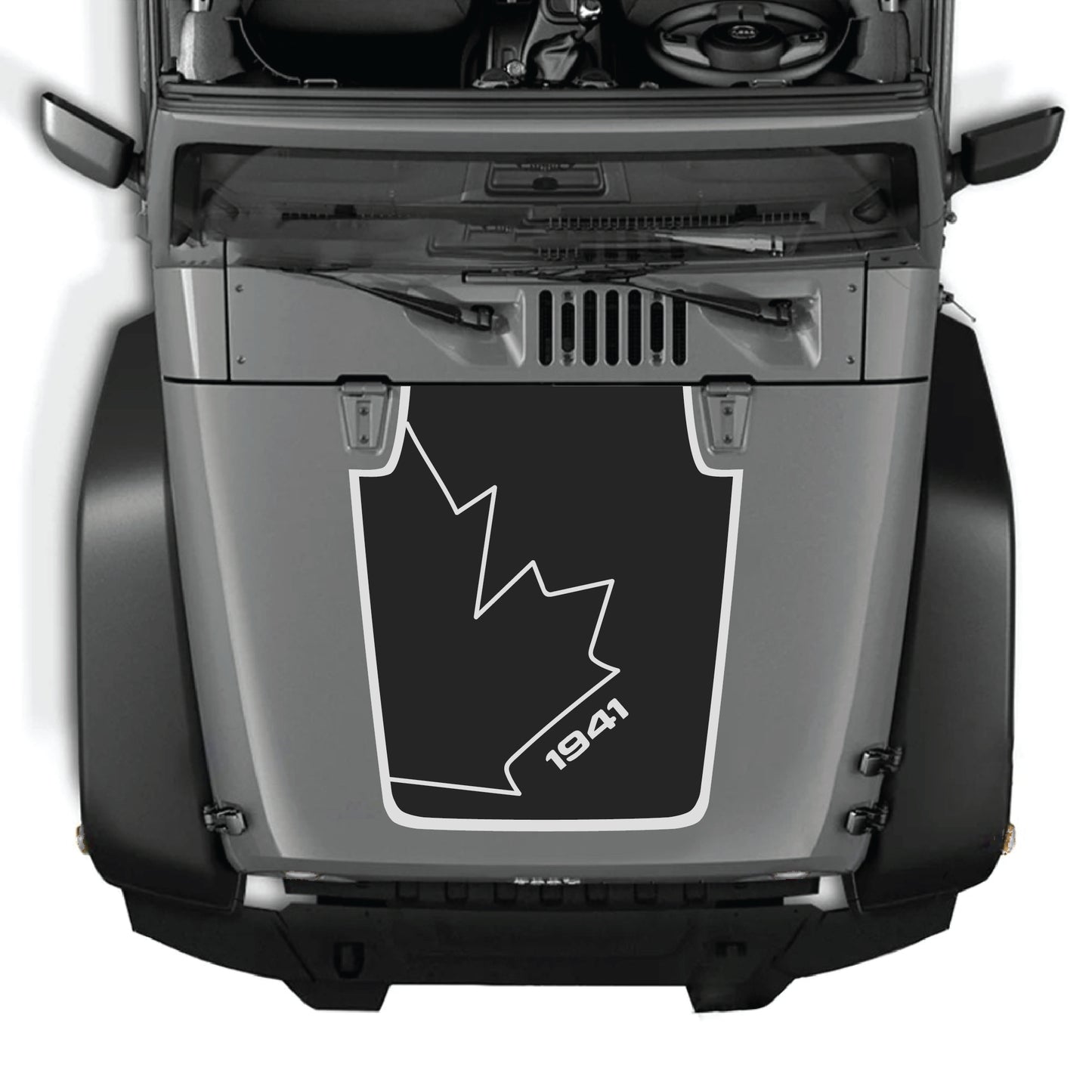 Canada full leaf hood decal with border for Jeep Wrangler JK JKU, made of premium vinyl, featuring a 1941 graphic design.