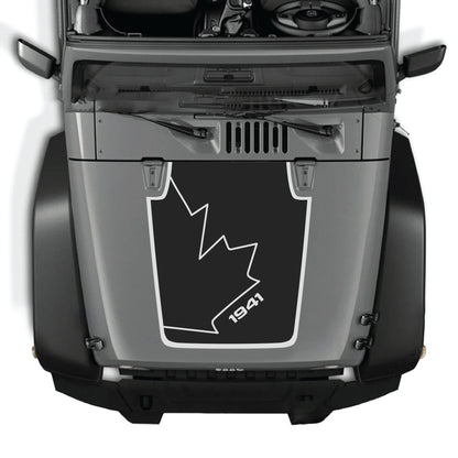 Canada full leaf hood decal with border for Jeep Wrangler JK JKU, made of premium vinyl, featuring a 1941 graphic design.