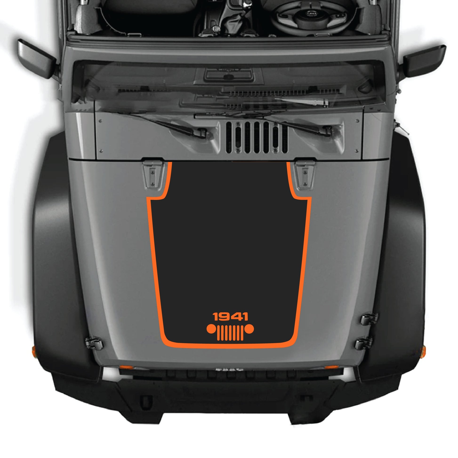 Jeep Wrangler JK hood decal featuring 1941 grill with border design, made with premium vinyl from CarCode.