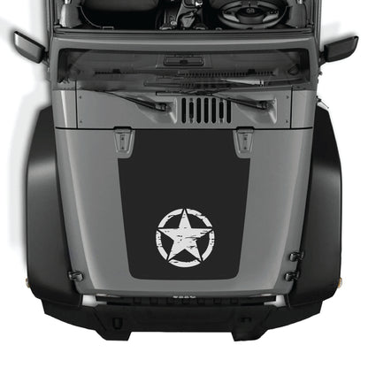 Jeep Wrangler JK JKU hood decal with a center star graphic by CarCode, made of premium vinyl, applied on the vehicle's hood.