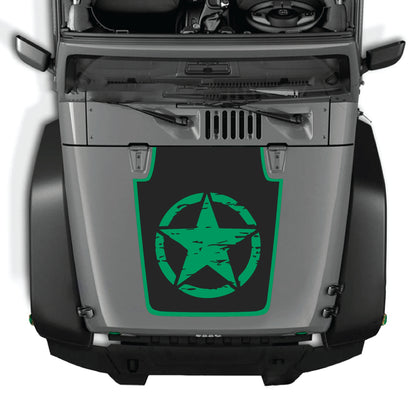 Jeep Wrangler JK JKU hood decal featuring a full star with border in premium vinyl by CarCode, ideal for customization.