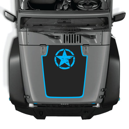 Jeep Wrangler JK hood decal by CarCode featuring a top star with border graphic in premium vinyl, designed for 2007-2018 models.