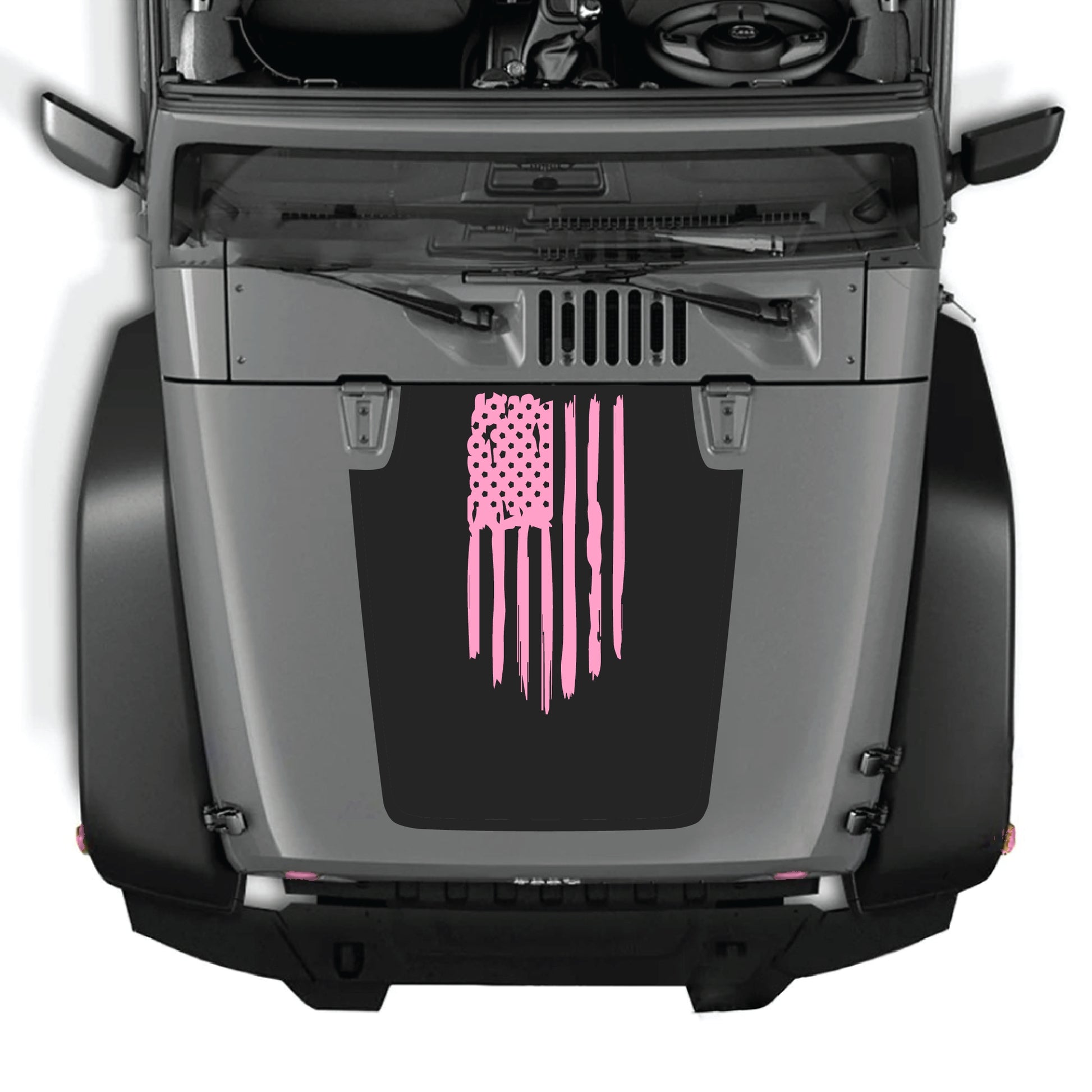 Jeep Wrangler JK JKU hood decal with American flag graphic in premium vinyl, featuring bold red, white, and blue stars and stripes.