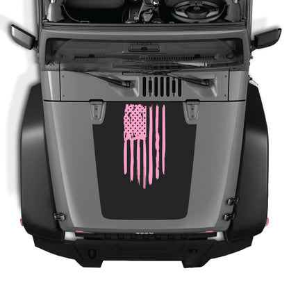 Jeep Wrangler JK JKU hood decal with American flag graphic in premium vinyl, featuring bold red, white, and blue stars and stripes.