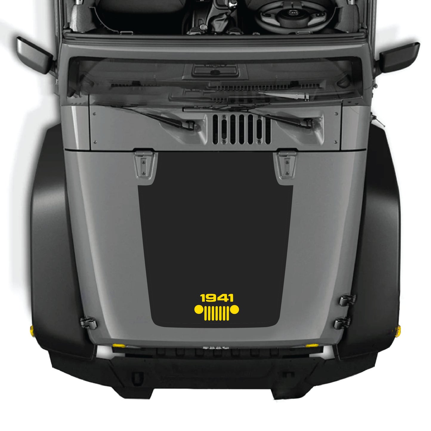 Jeep Wrangler JK JKU hood decal featuring 1941 grill graphic kit in black premium vinyl by CarCode
