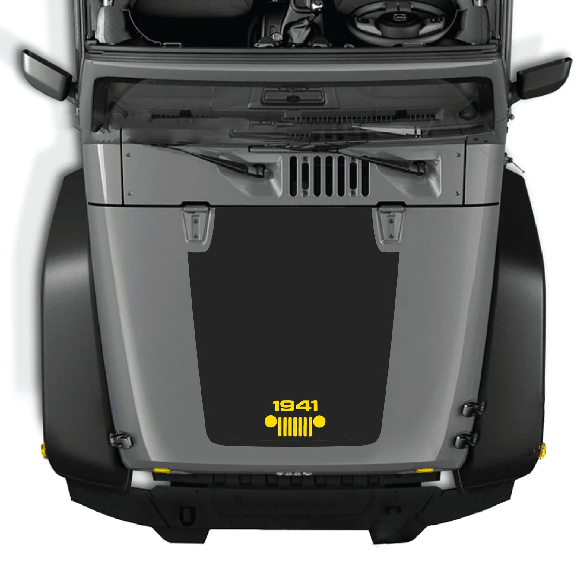 Jeep Wrangler JK JKU hood decal featuring 1941 grill graphic kit in black premium vinyl by CarCode