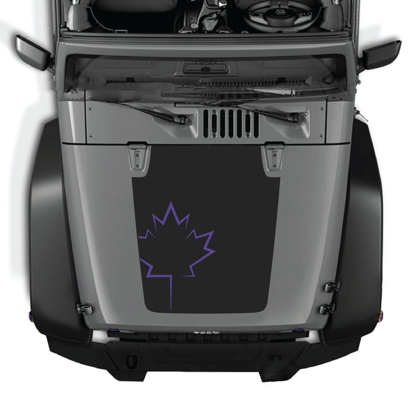 Canada leaf hood decal by CarCode on a Jeep Wrangler JK JKU, made of premium vinyl with bold graphic design.