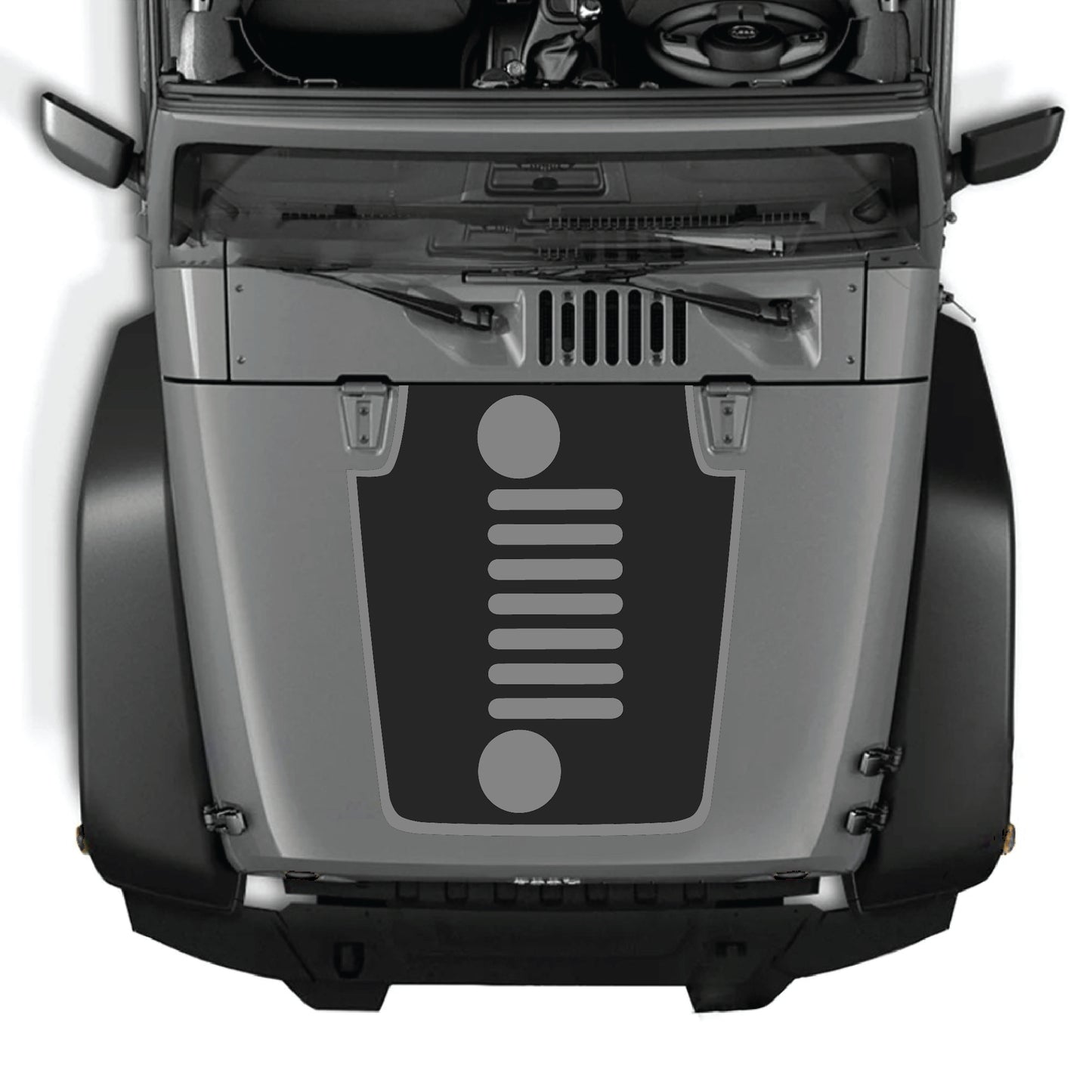 CarCode Jeep Wrangler JK JKU hood decal with vertical grill border graphic in black premium vinyl, designed for 2007-2018 models.
