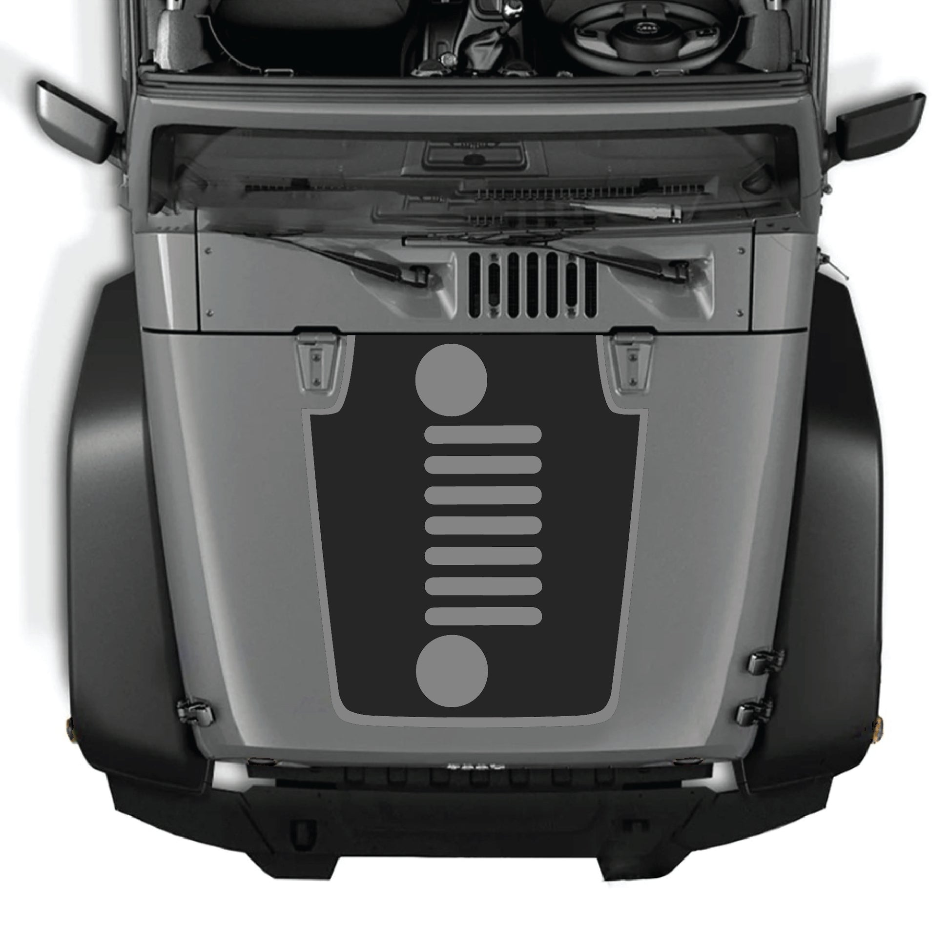 CarCode Jeep Wrangler JK JKU hood decal with vertical grill border graphic in black premium vinyl, designed for 2007-2018 models.