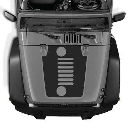 CarCode Jeep Wrangler JK JKU hood decal with vertical grill border graphic in black premium vinyl, designed for 2007-2018 models.